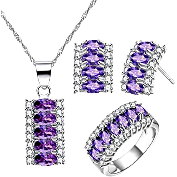 Amethyst Gems Platinum Plated Necklace Earring Ring CZ Cubic Rhinestone - Picture 2 of 8